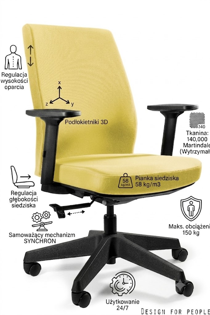 Fotel obrotowy WORK z atestem do pracy 24/7 - BL410 MUSTARD