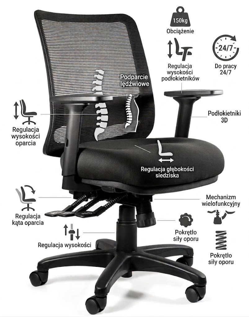 SAGA (1218) - Fotel biurowy Siatka SM01 czarna/Tkanina BL418 BLACK/24/7 atestowany