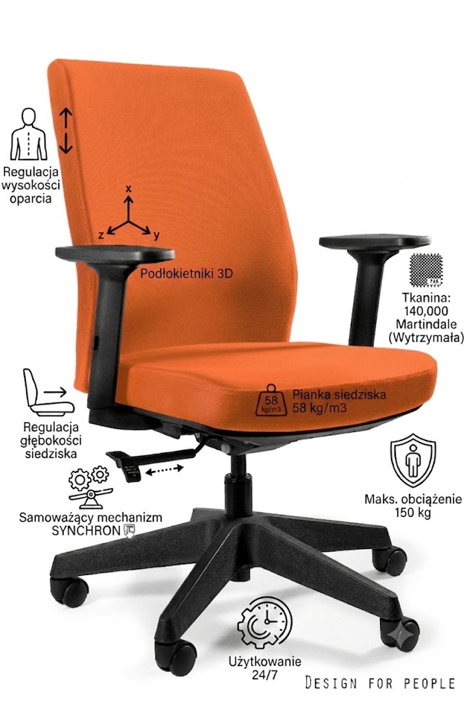 Fotel obrotowy WORK z atestem do pracy 24/7 - BL405 MANDARIN